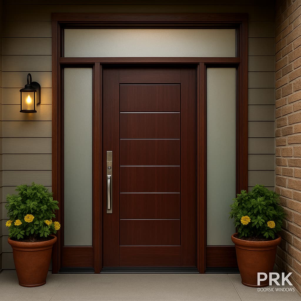 Mahogany Grain Fiberglass Entry Door with Sidelites and Transom