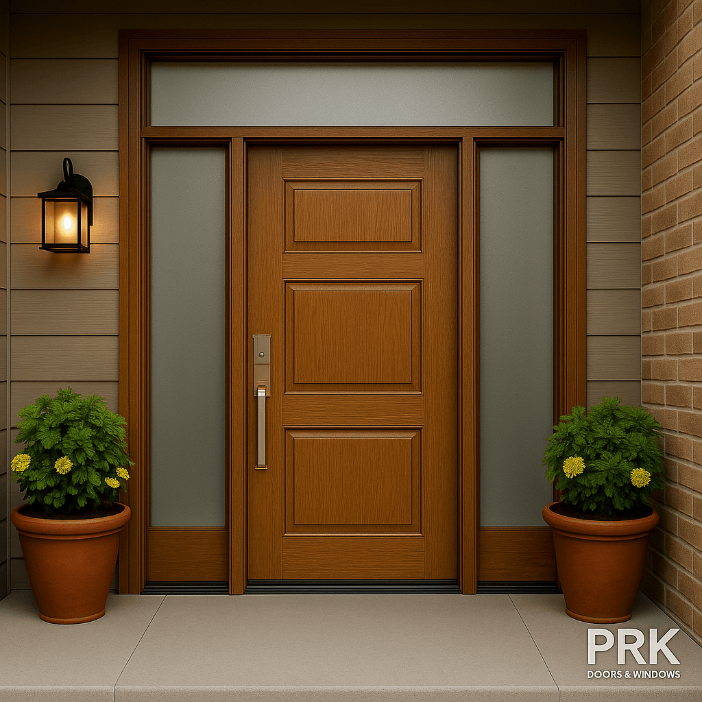 Oak Grain Fiberglass Door with sidelites and transom in Canada